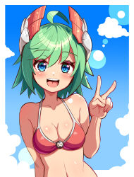 Rule 34 | 1girl, ahoge, azure striker gunvolt, azure striker gunvolt 2, bikini, blue eyes, blush, breasts, cougar (cougar1404), eyelashes, green hair, gunvolt chronicles luminous avenger ix, headgear, open mouth, red bikini, roro (gunvolt), short hair, small breasts, smile, solo, swimsuit, teeth, tongue, upper body, upper teeth only, v