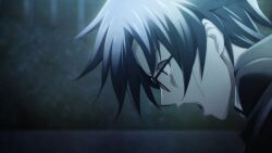 1boy angry black_jacket blazer blue_hair blurry blurry_background chaos;child from_side game_cg gate glasses hair_between_eyes hekiho_academy hekiho_academy_uniform highres jacket miyashiro_takuru non-web_source official_art open_mouth outdoors purple_eyes sasaki_mutsumi shirt short_hair shouting solo teeth tongue tongue_out upper_teeth_only v-shaped_eyebrows wide-eyed