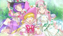 3girls black_hat blonde_hair blunt_bangs boots bow braid bubble_skirt cure_felice cure_felice_(alexandrite_style) cure_magical cure_magical_(alexandrite_style) cure_miracle cure_miracle_(alexandrite_style) flower flower_in_eye food forest fruit green_bow green_eyes hair_flower hair_ornament hat holding holding_food holding_fruit jewelry long_hair long_sleeves looking_at_viewer mahou_girls_precure! multiple_girls murakami_hisashi nature pink_eyes pink_hair pointing pointing_up precure purple_boots purple_eyes purple_hair purple_sleeves red_flower red_rose rose see-through_clothes see-through_sleeves skirt smile symbol_in_eye twin_braids very_long_hair witch_hat