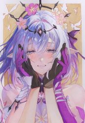 1girl bare_shoulders black_gloves black_tiara blush castorice_(honkai:_star_rail) crying crying_with_eyes_open flower g_sannnn gloves grin hair_flower hair_ornament half-closed_eyes highres honkai:_star_rail honkai_(series) looking_at_viewer pink_flower pointy_ears pov purple_gloves purple_hair smile solo_focus tears teeth tiara upper_body yellow_flower