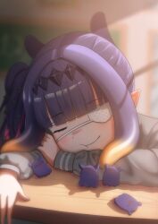 1girl absurdres blunt_bangs blurry blurry_background blush closed_eyes commentary eyepatch highres hololive hololive_english indoors long_hair long_sleeves medical_eyepatch nekkutow ninomae_ina&#039;nis ninomae_ina&#039;nis_(school_uniform) purple_hair side_ponytail sleeping solo symbol-only_commentary takodachi_(ninomae_ina&#039;nis) tentacle_hair virtual_youtuber