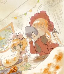 2girls blonde_hair bonnet bow bowl capelet chicken_(food) chicken_leg closed_eyes coat commentary_request cup dress drill_hair drill_sidelocks drinking drinking_straw dutch_angle eating food frilled_bow frilled_capelet frills green_eyes hair_bow highres hinaichigo holding holding_bowl ice ice_cube indoors kiru_(m_putorius) lolita_fashion long_hair long_sleeves multiple_girls open_mouth painting_(object) pink_bow pink_coat red_capelet red_dress red_headwear rozen_maiden salad shinku short_hair sidelocks twintails upper_body