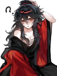 1girl ? arm_up bandaged_chest black_hair black_hanfu blush breasts chest_sarashi chinese_clothes chinese_commentary cleavage coat coat_partially_removed collarbone dao_gui_yi_xian eyelashes genderswap genderswap_(mtf) hair_between_eyes hair_bun half-closed_eye hand_on_own_head hanfu highres jingzizi052 li_huowang long_hair long_sleeves looking_at_viewer medium_breasts messy_hair off_shoulder open_clothes open_coat open_mouth parted_lips red_coat red_eyes robe robe_partially_removed sarashi simple_background single_bare_shoulder single_hair_bun sitting solo torn_clothes white_background wide_sleeves
