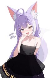 1girl absurdres ahoge animal_ear_fluff animal_ears bare_shoulders black_dress blue_eyes blush braid dress fang flat_chest fox_ears hand_up head_tilt heart heterochromia highres korean_text long_hair looking_at_viewer open_mouth orange_eyes pn_(wnsl216) purple_hair simple_background sleeveless sleeveless_dress smile solo stellive tenko_shibuki twin_braids upper_body virtual_youtuber white_background