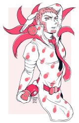 Rule 34 | 1boy, ball, beard, belt, belt buckle, buckle, chinkuru, commentary request, dated, facial hair, goatee, high collar, highres, holding, holding ball, jojo no kimyou na bouken, limited palette, long sideburns, looking at viewer, male focus, necktie, pelvic curtain, pink belt, pink eyes, pink hair, pink necktie, pink theme, short hair, sideburns, solo, steel ball (jojo), steel ball run, very short hair, wekapipo