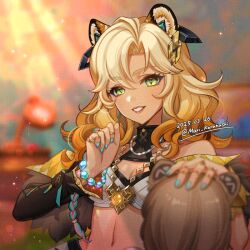 2girls animal_ears black_sleeves blonde_hair blue_nails blurry blurry_background blurry_foreground breasts cleavage genshin_impact geo_symbol_(genshin_impact) green_eyes hand_on_another&#039;s_head jaguar_ears jaguar_girl jewelry karanashi_mari long_hair long_sleeves medium_breasts midriff multiple_girls multiple_rings nail_polish navel nepecha_(genshin_impact) ring slit_pupils solo_focus stomach upper_body vision_(genshin_impact) xilonen_(genshin_impact)