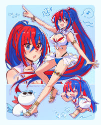 1girl :d :o alonemistrist armlet ball beachball bikini blue_eyes blue_hair breasts character_ball chibi chibi_inset cleavage closed_eyes commentary crossed_bangs english_commentary female_alear_(fire_emblem) female_alear_(seaside_dragon)_(fire_emblem) fire_emblem fire_emblem_engage fire_emblem_heroes fish hair_between_eyes heterochromia highres holding holding_ball holding_beachball jewelry long_hair looking_at_viewer medium_breasts multicolored_hair multiple_views musical_note navel nintendo official_alternate_costume official_alternate_hairstyle open_mouth ponytail red_eyes red_hair sandals seashell shell smile sommie_(fire_emblem) split-color_hair spoken_musical_note starfish sunglasses swimsuit thighlet toes twitter_username two-tone_hair very_long_hair