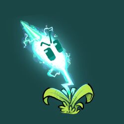 commentary english_commentary green_background green_eyes highres kinomotoroka leaf lightning lightning_reed_(plants_vs._zombies) looking_ahead no_humans no_mouth plant plant_focus plants_vs._zombies plants_vs._zombies_2 simple_background solid_oval_eyes solo v-shaped_eyebrows