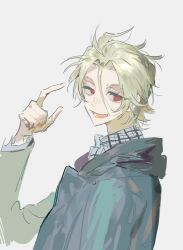 1boy blonde_hair coat collared_shirt green_shirt hair_between_eyes hood hood_down kekkai_sensen long_sleeves open_mouth plaid_clothes pointing qyzhiaiyisheng red_eyes shirt short_hair simple_background sketch smile solo upper_body
