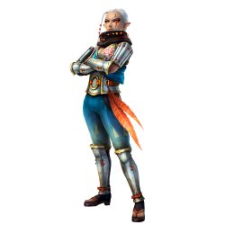 1girl absurdres armor crossed_arms dark-skinned_female dark_skin female_focus greaves highres hyrule_warriors impa nintendo official_art pants pointy_ears red_eyes sarashi scarf solo standing tattoo the_legend_of_zelda toeless_legwear transparent_background vambraces white_hair