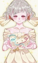 1girl absurdres bare_shoulders blue_ribbon blush braid closed_mouth collarbone colored_inner_hair commentary_request cowboy_shot crown_braid diagonal_bangs dress flower flower-shaped_hair grey_hair hair_flower hair_ornament highres itsudemo_itsumademo_(love_live!) jewelry link!_like!_love_live! love_live! multicolored_hair necklace object_floating_above_hand off-shoulder_dress off_shoulder official_alternate_costume official_alternate_hairstyle red_eyes red_hair red_ribbon riarii_(h3c_ms_zzz3) ribbon short_hair smile solo sparkle star_(symbol) star_hair_ornament streaked_hair virtual_graduation_commemoration virtual_youtuber white_flower yellow_dress yugiri_tsuzuri