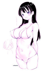 Rule 34 | 1boy, 1girl, arms behind back, ass, bare shoulders, bikini, black hair, blush, boku no kokoro no yabai yatsu, breasts, cameltoe, chibi, cleavage, collarbone, covered erect nipples, cropped legs, female focus, highres, ichikawa kyoutarou, legs, long hair, looking at viewer, lowleg, lowleg bikini, medium breasts, micro bikini, monochrome, mudou eichi, navel, open mouth, purple theme, short hair, simple background, swimsuit, teeth, thighs, third-party edit, tongue, upper teeth only, white background, wide hips, yamada anna