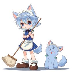 Rule 34 | 1girl, animal ear fluff, animal ears, animalization, apron, blue eyes, blue hair, bow, braid, broom, brown shoes, chibi, closed mouth, commentary, dog, dog ears, dog girl, dog tail, green bow, highres, holding, holding broom, izayoi sakuya, kemonomimi mode, looking at viewer, maid, maid headdress, person and animalization, puffy sleeves, shoes, socks, solo, suteruko, tail, touhou, twin braids, waist apron, white apron, white socks