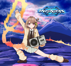 1girl album_cover_redraw arm_up beatmania_iidx beatmania_iidx_infinitas bemani black_necktie blush brown_hair brown_shoes brown_vest cloud cloudy_sky collared_shirt controller derivative_work dynamic_pose fire full_body game_controller goten_(510gensoku) hair_ornament hair_rings holding holding_controller holding_game_controller jacket long_sleeves looking_at_viewer loose_socks miniskirt mountain multicolored_hair necktie outdoors parody plaid_clothes plaid_skirt red_eyes school_uniform sendo_yuuhi sendo_yuuhi_(1st_costume) shirt shoes short_hair single_hair_ring skirt sky sleeves_past_wrists socks streaked_hair v-shaped_eyebrows vest virtual_youtuber vspo! white_shirt yellow_jacket yngwie_malmsteen