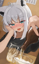 Rule 34 | 1girl, :d, ahoge, alcohol, alternate costume, animal ears, beer, beer bottle, black shirt, blue eyes, blush, crossed bangs, drunk, fox ears, fox girl, head on hand, highres, hololive, kurushiro1102, open mouth, pouring, pov across table, shirakami fubuki, shirt, smile, solo, sweat, t-shirt, white hair
