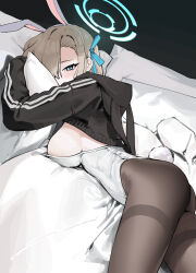 Rule 34 | 1girl, absurdres, animal ears, asuna (blue archive), black jacket, black pantyhose, blue archive, blue eyes, blue halo, blue ribbon, breasts, fake animal ears, fake tail, hair ribbon, halo, highres, hood, hood down, hooded jacket, jacket, large breasts, leotard, light brown hair, long hair, long sleeves, mark jin, pantyhose, pillow, playboy bunny, rabbit ears, rabbit tail, ribbon, solo, strapless, strapless leotard, tail, white leotard