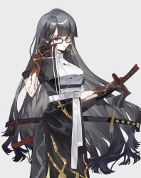 1girl absurdres belt black_coat black_hair black_skirt blood blood_on_clothes blunt_bangs bochishiraita cigarette coat contempt_awe_(e.g.o) e.g.o_(project_moon) glasses highres limbus_company long_hair looking_at_viewer ootachi project_moon red_eyes ryoshu_(project_moon) shirt simple_background skirt smoking solo standing upper_body very_long_hair white_background white_belt white_shirt