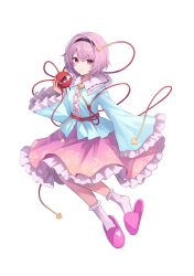 1girl absurdres black_hairband blue_shirt buttons center_frills closed_mouth collared_shirt floral_print frilled_shirt_collar frilled_skirt frilled_socks frills full_body hair_ornament hairband heart heart_button heart_hair_ornament highres komeiji_satori kure~pu light_smile long_sleeves looking_at_viewer pink_eyes pink_hair pink_skirt pink_slippers ribbon-trimmed_collar ribbon-trimmed_sleeves ribbon_trim rose_print shirt short_hair simple_background skirt slippers socks solo third_eye touhou white_background white_socks wide_sleeves