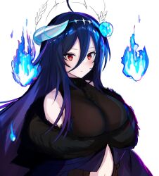 1girl ahoge black_collar blue_fire breasts broken_horn chain collar cyberlive fire fur_trim furai_sen hair_between_eyes highres horns large_breasts long_hair oumiya_emma oumiya_emma_(1st_costume) red_eyes solo upper_body virtual_youtuber white_background will-o&#039;-the-wisp_(mythology)