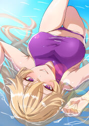 0002koko 1girl absurdres bikini blonde_hair breasts hair_between_eyes highres large_breasts long_hair looking_at_viewer lying navel on_back on_water purple_bikini purple_eyes sideboob smile solo swimsuit teeth thighs touhou water yakumo_yukari