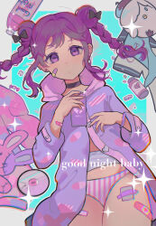 1girl absurdres bandaid bandaid_on_face bandaid_on_leg black_bow bow braid cameo candy cd character_doll closed_mouth commentary_request cowboy_shot denonbu double_bun food hair_bun highres holding holding_phone hood hood_down hooded_jacket inubousaki_shian jacket long_hair long_sleeves looking_at_viewer lying maomaomao_(yukoyort) minakami_hina on_back outline panties partially_unbuttoned phone pill pill_bottle plastic_bottle purple_eyes purple_hair purple_jacket sakurano_mimito solo song_name sparkle striped_clothes striped_panties stuffed_animal stuffed_chicken stuffed_rabbit stuffed_toy tooth twin_braids underwear unworn_shirt