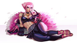 1girl abs absurdres belt between_breasts black_bra black_pants blue_eyes bra bracelet breasts calvin_sims capcom cleavage collarbone commentary commission english_commentary eyelashes feather_boa gloves highres holding holding_removed_eyewear jewelry large_breasts lipstick looking_at_viewer lying makeup manon_legrand medallion midriff nail_polish navel nose official_alternate_costume pants pink_gloves pink_hair pink_lips pink_sandals purple_nails sandals short_hair_with_long_locks sleeveless solo street_fighter street_fighter_6 studded_belt studded_bracelet sunglasses thick_thighs thighs toenail_polish toenails toes tutu underwear unworn_eyewear