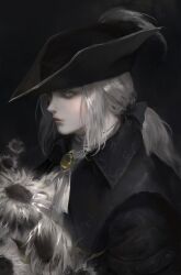 1girl absurdres ascot bloodborne blue_eyes cape coat commentary english_commentary flower gem hat hat_feather highres holding lady_maria_of_the_astral_clocktower lmilkyskin long_hair ponytail simple_background solo tricorne white_ascot white_hair