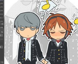 Rule 34 | 2boys, blush, brown hair, grey hair, hanamura yousuke, headphones, holding hands, listening to music, multiple boys, musical note, narukami yu, nt 26, persona, persona 4, school uniform, sweat, yaoi, yasogami school uniform