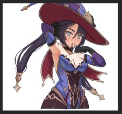 1girl aqua_eyes armpits black_border black_choker black_gloves black_hair bodystocking border breasts choker cleavage commentary cropped_legs detached_sleeves genshin_impact gloves hair_tie_in_mouth hat highres leotard long_hair looking_at_viewer medium_breasts mona_(genshin_impact) mouth_hold purple_hat purple_leotard purple_sleeves solo strapless strapless_bodysuit strapless_leotard twintails valenthania white_background witch_hat