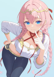 1girl :3 absurdres bent_over black_pants blue_background blue_eyes braid breasts choker circlet cleavage closed_mouth collarbone commentary_request criss-cross_halter crop_top crop_top_overhang epic_seven finger_to_mouth halterneck hand_on_own_hip highres index_finger_raised konjou long_hair long_sleeves looking_at_viewer low_twintails medium_breasts midriff navel pants pink_hair red_choker shirt smile solo standing stomach tenebria_(epic_seven) thigh_gap twin_braids twintails very_long_hair white_shirt