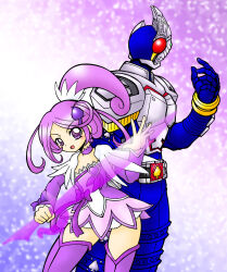 Rule 34 | 1boy, 1girl, armor, blay buckle, brooch, choker, crossover, cure sword, dokidoki! precure, earrings, energy sword, full armor, hair ornament, harapekobijin, heart, heart brooch, high ponytail, jewelry, kamen rider, kamen rider blade, kamen rider blade (series), kenzaki kazuma, kenzaki makoto, looking to the side, magical girl, ponytail, precure, purple arm warmers, purple choker, purple eyes, purple hair, purple skirt, purple theme, red eyes, rider belt, skirt, spade (shape), spade earrings, spade hair ornament, standing, sword, weapon