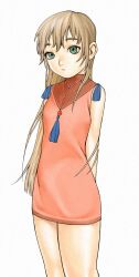 1girl arms_behind_back blonde_hair dress expressionless flat_chest green_eyes highres kennomou long_hair looking_at_viewer original pink_dress short_dress simple_background solo tassel white_background