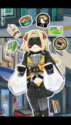1girl absurdres bag black_blindfold black_pants black_shrug blindfold blonde_hair camouflage camouflage_jacket camouflage_pants hair_ornament highres holding holding_bag jacket latex_pants long_hair medicine mochusama outdoors pants shrug_(clothing) ticket triangle_hair_ornament trigger_(zenless_zone_zero) zenless_zone_zero