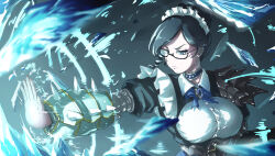 Rule 34 | 1girl, attack, black dress, black eyes, black hair, blue choker, breasts, choker, closed mouth, commentary, dress, fighting stance, glasses, hair bun, highres, large breasts, magic, maid, maid headdress, ninjin ika, overlord (maruyama), serious, short hair, single hair bun, solo, yuri alpha