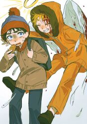 Rule 34 | 2boys, angel, angel wings, animification, arm around shoulder, backpack, bag, black hair, blonde hair, blood, blood on face, bloody wings, blue eyes, brown footwear, brown shirt, buttons, chun baii, closed eyes, coat, commentary, denim, english commentary, falling feathers, feathered wings, feathers, floating, food, grin, halo, hat, highres, holding, holding bag, holding food, hood, hood up, hooded coat, jeans, kenny mccormick, long sleeves, looking at another, male focus, multicolored hat, multiple boys, nervous sweating, open mouth, orange coat, orange pants, pants, pom pom (clothes), shirt, smile, south park, stan marsh, surprised, sweat, white feathers, white wings, wings, zipper