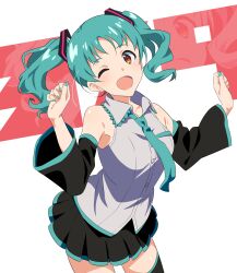1girl 39 absurdres aqua_hair aqua_necktie black_skirt black_sleeves black_thighhighs blush breasts buttons clenched_hands commentary cosplay detached_sleeves grey_shirt hair_ornament hands_up hatsune_miku hatsune_miku_(cosplay) highres idolmaster idolmaster_million_live! idolmaster_million_live!_theater_days looking_at_viewer medium_breasts medium_hair miku_day necktie one_eye_closed open_mouth pleated_skirt shirt skirt sleeveless sleeveless_shirt smile solo thighhighs thighs tokugawa_matsuri tomatomagica twintails vocaloid yellow_eyes
