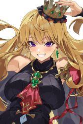 1girl aged_up bare_shoulders blonde_hair blush breasts cagliostro_(granblue_fantasy) crown earrings granblue_fantasy grin hat highres jewelry kamu_(kamuuei) large_breasts mini_hat purple_eyes red_nails single_earring smile solo upper_body white_background
