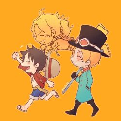 Rule 34 | 3boys, aqua coat, black boots, black hair, black hat, blonde hair, blue shorts, boots, brothers, burn scar, closed eyes, closed mouth, coat, cross scar, deformed, facial scar, fire, full body, ghost, goggles, goggles on headwear, hand in pocket, hat, holding, holding lead pipe, lead pipe, male focus, moko (gloriaaaaaa), monkey d. luffy, multiple boys, one piece, open mouth, orange background, portgas d. ace, sabo (one piece), scar, scar across eye, scar on cheek, scar on chest, scar on face, short hair, shorts, siblings, smile, straw hat, top hat, walking