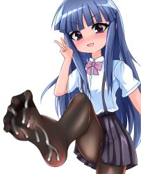 1girl arm_at_side black_pantyhose blue_hair blush bow bowtie cum cum_on_body cum_on_clothes cum_on_feet dot_nose eyebrows_hidden_by_hair eyelashes female_focus flat_chest foot_focus foot_out_of_frame furude_rika hand_up higurashi_no_naku_koro_ni implied_hetero leg_up loli long_hair looking_at_viewer open_mouth pantyhose pink_bow pink_bowtie purple_eyes purple_skirt saratto_2zyo shirt short_sleeves simple_background skirt smile solo standing standing_on_one_leg v white_background white_shirt