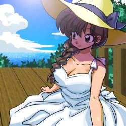 1girl bare_shoulders braid breasts brown_eyes brown_hair cleavage closed_mouth cloud cloudy_sky day dress female_focus hat hat_ribbon large_breasts light_smile long_hair looking_to_the_side matching_hair/eyes medium_breasts ocean outdoors porch ranma_1/2 ribbon sitting sky smile solo standing sun_hat sundress tendou_kasumi wanta_(futoshi) white_dress yellow_hat