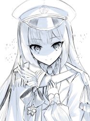 Rule 34 | 1girl, ayuko ammobium, closed mouth, commentary request, epaulettes, greyscale, hand on own chest, hat, highres, jacket, lize helesta, lize helesta (7th costume), long hair, looking at viewer, military hat, monochrome, nijisanji, side cape, sidelocks, single epaulette, sleeves past wrists, smile, solo, sparkle, straight-on, upper body, virtual youtuber