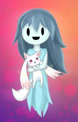 10s 1girl absurdres black_eyes blue_hair blush_stickers crossover dress empty_eyes floating highres kyubey long_hair mahou_shoujo_madoka_magica mahou_shoujo_madoka_magica_(anime) official_art open_mouth red_eyes sidelocks spooky&#039;s_house_of_jump_scares spooky_(shojs) stylishkira