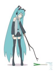 1girl aqua_eyes aqua_hair aqua_necktie artist_logo artist_name black_boots black_skirt black_sleeves boots branch c&#039;mon_do_something_(meme) closed_mouth collared_shirt commentary dated detached_sleeves digiral english_commentary frown full_body grey_shirt hair_ornament hatsune_miku headphones highres holding holding_branch logo long_hair long_sleeves looking_at_object looking_down meme miniskirt necktie pleated_skirt shirt simple_background skirt sleeveless sleeveless_shirt solo spring_onion standing thigh_boots twintails very_long_hair vocaloid white_background