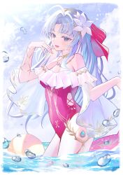 1girl absurdres aqua_eyes bare_shoulders blue_sky bow breasts carlotta_(splashing_summer)_(wuthering_waves) carlotta_(wuthering_waves) casual_one-piece_swimsuit cleavage commentary day flower frilled_one-piece_swimsuit frills hair_bow hair_flower hair_ornament hand_up highres jewelry long_hair looking_at_viewer medium_breasts necklace off-shoulder_one-piece_swimsuit off_shoulder official_alternate_costume onabe_no_shime one-piece_swimsuit open_mouth outdoors parted_bangs pink_bow pink_one-piece_swimsuit sky smile solo striped_bow swimsuit thighs very_long_hair wading white_flower white_hair wuthering_waves