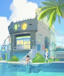 2girls ahoge barefoot bench black_hair blonde_hair blue_sky brand_name_imitation building cloud convenience_store cooler cumulonimbus_cloud dress familymart feet fishing_rod guitar hat_on_back highres holding holding_fishing_rod instrument light_particles multiple_girls music original outdoors palm_tree pink_dress plant playing_guitar playing_instrument railing saku_onono scenery shop short_shorts shorts sky soaking_feet stairs tree walking water wide_shot