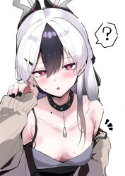 1girl ? black_dress black_hair black_horns black_nails blue_archive blush breasts collarbone commentary_request demon_horns dress ear_piercing hair_between_eyes halo highres horns kayoko_(blue_archive) kayoko_(dress)_(blue_archive) long_hair long_sleeves looking_at_viewer mole mole_on_shoulder notice_lines official_alternate_costume official_alternate_hairstyle open_mouth piercing red_eyes simple_background small_breasts solo spoken_question_mark sweat tikuwazyousyou tucking_hair white_background white_hair