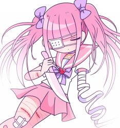 1girl bandaged_arm bandages bandaid bandaid_on_leg blunt_bangs bow bowtie closed_eyes closed_mouth collar eyepatch eyewear_strap ezaki_bisuko gauze gauze_on_leg hair_bow heart hexagram highres holding holding_knife jewelry knife menhera-chan_(ezaki_bisuko) menhera-chan_(ezaki_bisuko)_(character) necklace pink_hair pink_sailor_collar pink_skirt pleated_skirt purple_bow purple_bowtie purple_collar sailor_collar school_uniform self-harm self-harm_scar serafuku sidelocks skirt solo star_of_david twintails white_background white_serafuku yami_kawaii