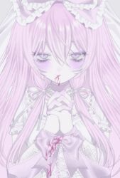 1girl aegyo_sal blood blood_from_mouth blood_on_clothes blush bound bound_wrists bow closed_mouth colored_skin cross-laced_clothes cross-laced_top double-parted_bangs frilled_sleeves frills gauze_on_arm grey_background hair_between_eyes hair_bow hair_ribbon hands_up hashtag-only_commentary highres interlocked_fingers long_hair looking_at_viewer low-tied_long_hair meidodown original own_hands_clasped own_hands_together pink_blood pink_bow pink_eyes pink_hair puffy_short_sleeves puffy_sleeves ribbon self-harm shirt short_sleeves simple_background solo straight-on upper_body veil white_ribbon white_shirt white_skin white_veil