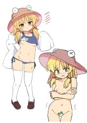 1girl absurdres animal_print areola_slip arm_behind_back arms_under_breasts blonde_hair blush breasts brown_hat censored closed_mouth collarbone crop_top crossed_arms detached_sleeves dot_nose frog_print full_body hair_ribbon hand_up hat highres knees_together_feet_apart long_sleeves looking_at_viewer mary_janes moriya_suwako motion_lines navel nude open_mouth pyonta ramudia_(lamyun) ribbon scared shirt shoes short_hair simple_background solo symbol-shaped_pupils tank_top tearing_up thighhighs thighs touhou trembling underboob white_background white_thighhighs wide_sleeves x-shaped_pupils yellow_eyes