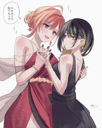 2girls ahoge arisugawa_natsuha black_dress black_hair blonde_hair blush commentary_request dated dress evening_gown expressionless fingernails highres holding_hands idolmaster idolmaster_shiny_colors ikaruga_luca interlocked_fingers kevn multicolored_hair multiple_girls nail_polish orange_hair red_dress signature simple_background smile sparkle speech_bubble streaked_hair translation_request two-tone_hair white_background yuri